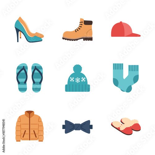 Collection of colorful clothing and accessory icons in flat style for fashion and lifestyle imagery.