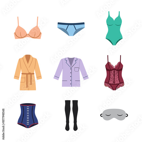 Assorted Lingerie, Sleepwear, and Fashion Apparel Icons Including Bra, Underwear, Swimsuit, Robe, Blouse, Cardigan, Corset, Stockings, and Mask.
