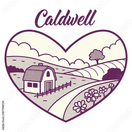Caldwell Vintage Heart Shaped Farm Landscape with Barn and Field