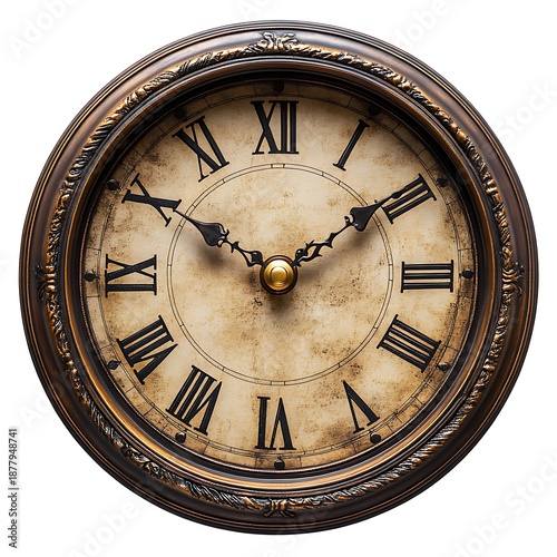 Ornate Vintage Wall Clock with Roman Numerals and Detailed Frame time photo
