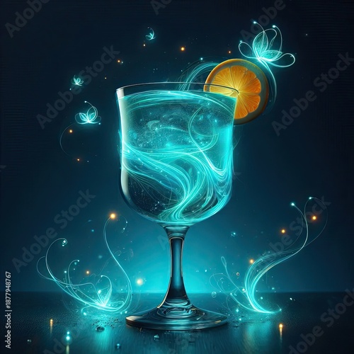 A glowing aqua-blue cocktail, inspired by the glow of deep-sea creatures