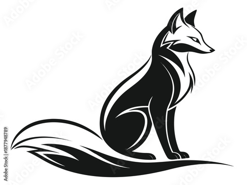 Stylized Black Fox Sitting on Ground with Bushy Tail animal wildlife