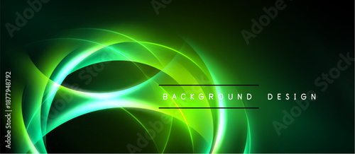 Abstract green neon lines create flowing shapes. Dark background emphasizes bright curves, modern design element.