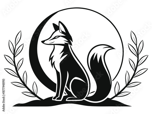 Stylized Black Fox Sitting Under Crescent Moon with Laurel Branches animal wildlife
