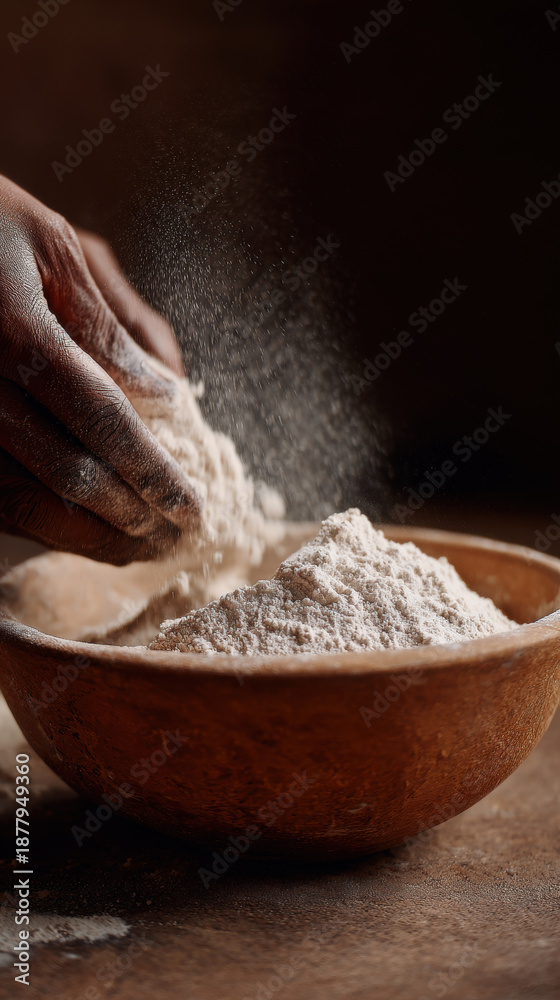 Fototapeta premium Hand dust flour over wooden bowl artisan cooking scene rustic kitchen light warm tone closeup texture craft food prep bakery mood homemade recipe care tactile motion soulful ambiance