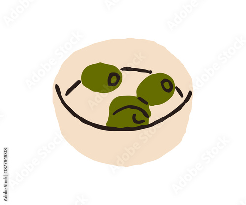 Olive snack served in bowl. Green ripe oliva fruits, healthy fat appetizer. Mediterranean cuisine ingredient. Italian, Greek and Spanish eating. Flat vector illustration isolated on white background.