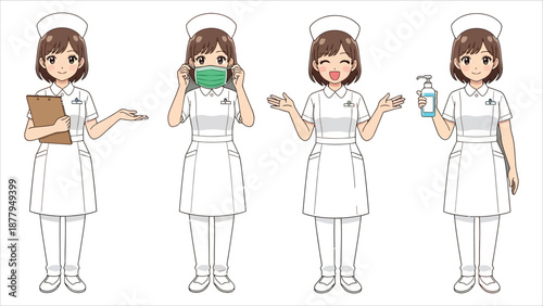 Cartoon Nurse & Doctor Vector Collection Female Healthcare Character in White Uniform on Brown Background.