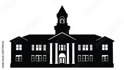 Classic black silhouette of a traditional schoolhouse building featuring a prominent central clock tower