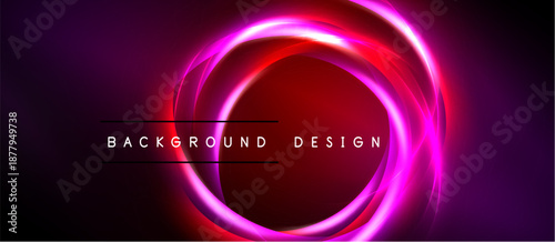 Abstract neon circles over dark background. Vibrant pink, purple hues create dynamic visual effect. Text reads background design.