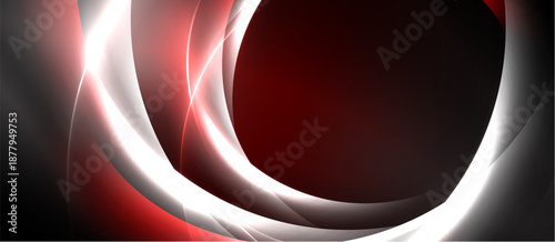 Abstract design features swirling white, red lines against dark background. Smooth curves create dynamic visual impact. Modern aesthetic.