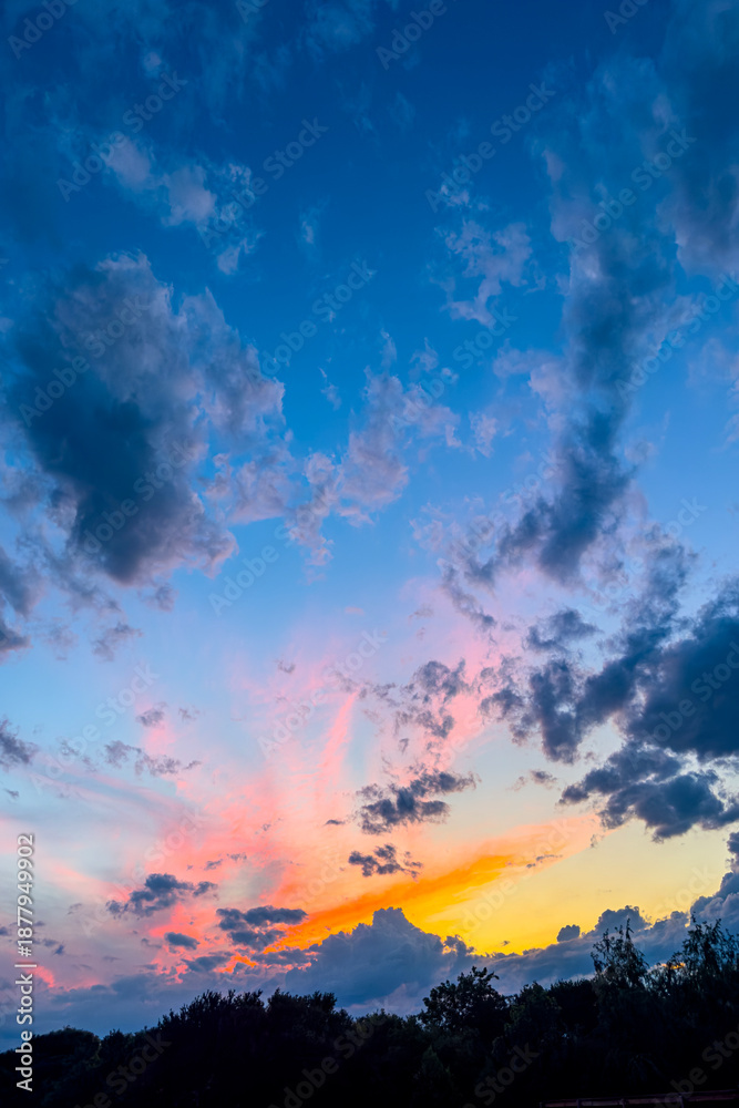 Obraz premium Vertical sunset sky with glowing horizon and clouds above dark landscape