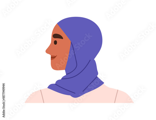 Muslim woman in profile. Young female character wearing hijab, headscarf, looking aside. Arab person, head covered with scarf, headdress. Flat vector illustration isolated on white background.