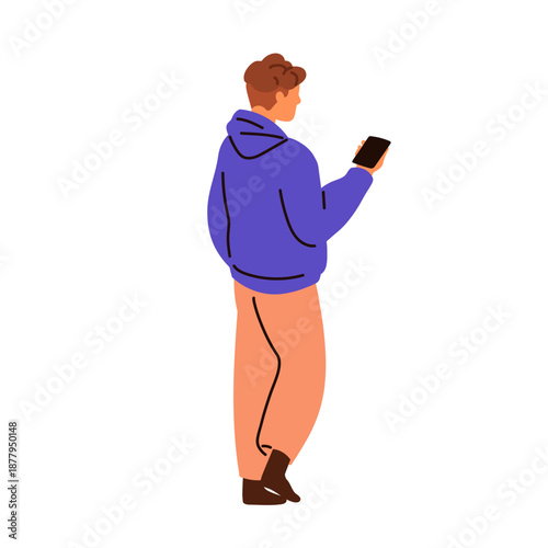 Man walking with smartphone. Young male character in casual outfit, holding mobile phone in hand, reading, looking at screen outdoors, back view. Flat vector illustration isolated on white background.