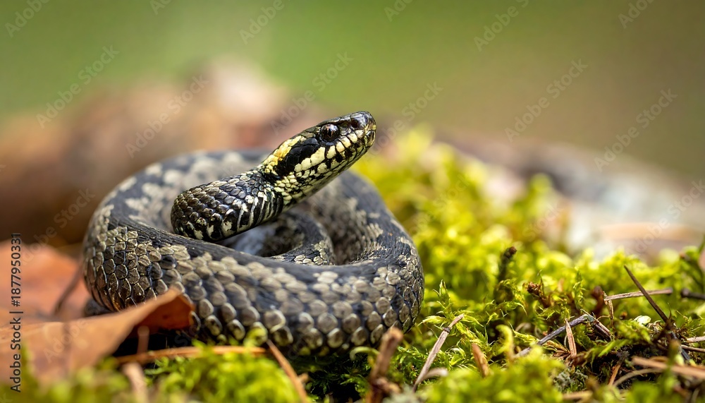 Obraz premium European Adder Snake Coiled on Mossy Ground in Natural Habitat.