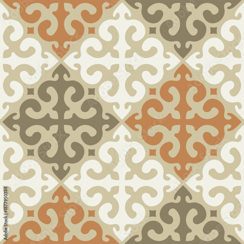 Warm pastel Central Asian nomadic ornament seamless pattern for ethnic interiors and home textiles