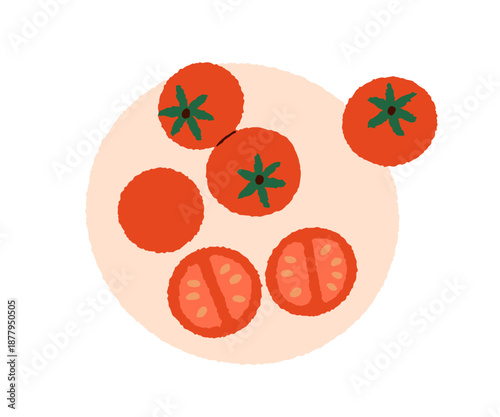 Cherry tomatoes. Whole and cut half pieces. Fresh organic vegetables. Healthy natural food, top view. Cooking, preparing veggie ingredients. Flat vector illustration isolated on white background.
