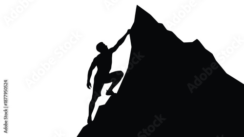 Silhouette of a determined athlete scaling a steep mountain peak using handholds and leg strength