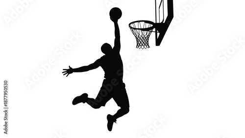 Silhouette of a basketball player executing a powerful slam dunk above the hoop against white background
