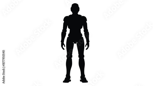 Black silhouette figure of a futuristic android or human-like robot standing in isolation