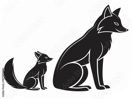 Two Black Foxes Sitting Side by Side, Large and Small animal wildlife