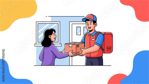 Delivery Person Handing Package to Woman at Doorstep, E-commerce Logistics Concept