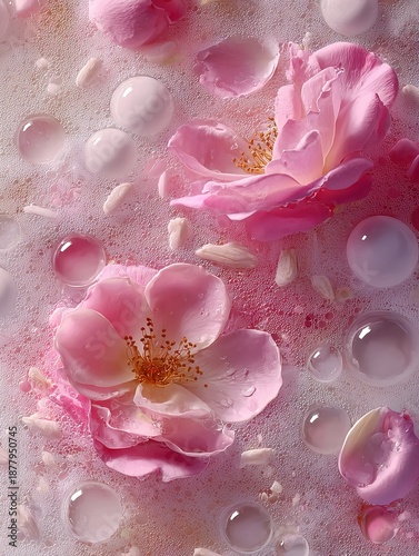Elegant, chic seamless repeatable pattern featuring countless blooming pink rose petals floating everywhere, some full rose blossoms, surrounded by airy silky bubbles and light reflections