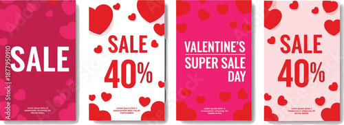Valentine’s Day sale banner set with red hearts discount promotion templates for marketing social media advertising design