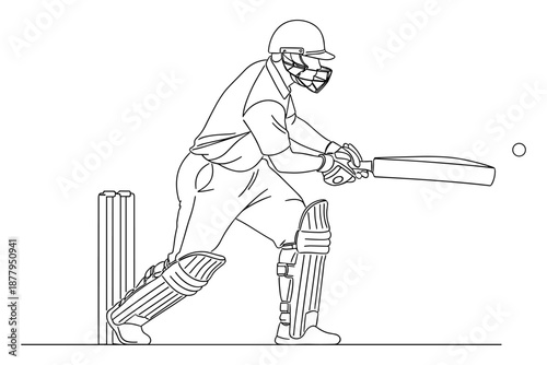 Cricket batsman in action, preparing to hit a shot, showcasing the sport's dynamic energy and strategic gameplay on a vibrant field with wicket stumps in the background during a thrilling match