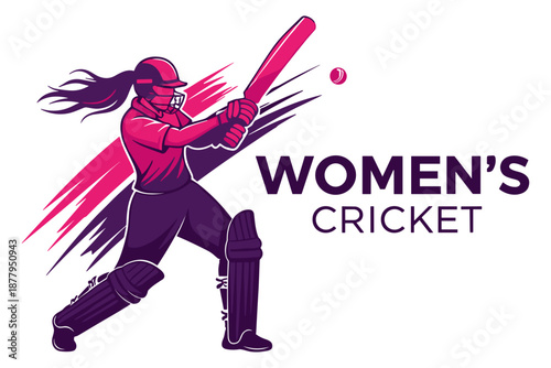 Vibrant illustration capturing the powerful and dynamic action of a female cricket player, embodying the competitive spirit and empowering athleticism of women's sport on the field