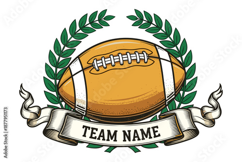 Hand-drawn American football design with a victorious laurel wreath and a customizable ribbon banner, representing sporting success and team pride in athletic competition