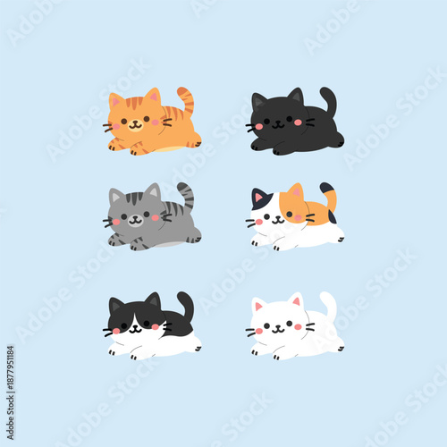 Cute kawaii cat lying down flat design style collection, vector illustration