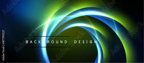 Abstract neon circles overlap dark background. Vibrant blue, green hues create dynamic visual effect. Text reads background design.