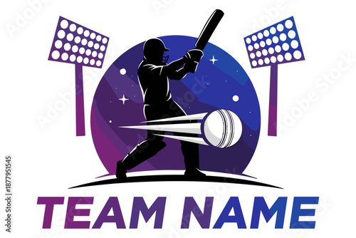 Dynamic cricket player silhouette hitting a ball with speed trail, under stadium lights against cosmic night sky. Ideal sports team emblem