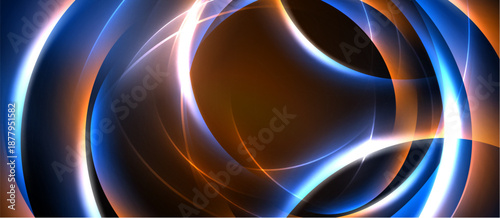 Abstract design features swirling lines, vibrant blue, orange hues. Dark background emphasizes glowing curves, creating dynamic visual effect.