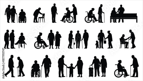 Elderly Seniors Silhouettes with Canes and Walkers – Aging, Mobility, and Healthcare Vector Illustration