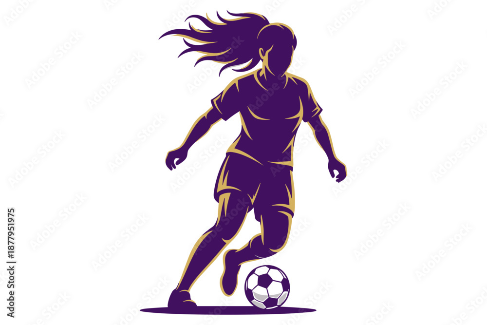 Naklejka premium Silhouette of a female soccer player dribbling the ball with a flowing ponytail during a match, sports illustration