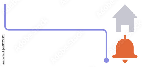 Smart homes, IoT devices, alert systems, automation, security notifications, technology integration. Bell and house connected by a line. Smart homes and IoT devices conceptual visualization