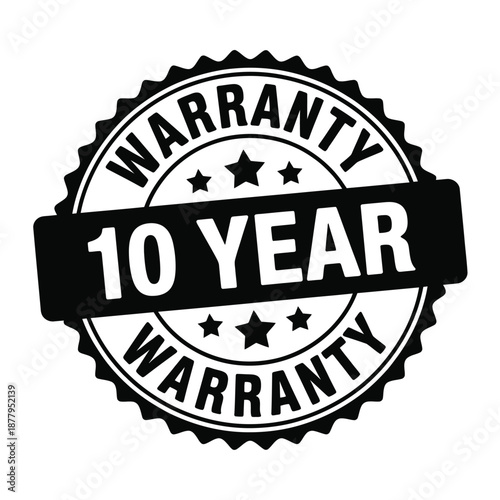A black and white warranty badge displaying a ten year guarantee period