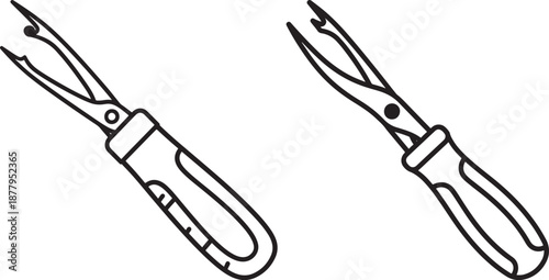 Seam ripper sewing tool outline icons for tailoring, embroidery and dressmaking