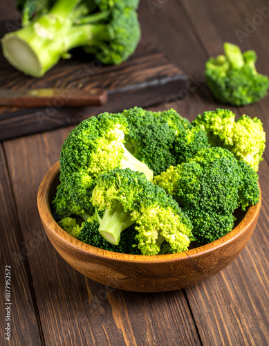 Organic Broccoli Florets in Rustic Wooden Bowl
