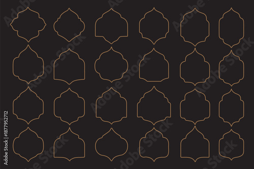 Old islamic window shapes vector set in oriental style. Black silhouette eid mubarak decorative arches, mosque borders or moroccan gates. Arabic muslim architecture frames, ramadan design elements
