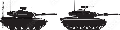 Military battle tank silhouette icons representing army power, defense and armored warfare