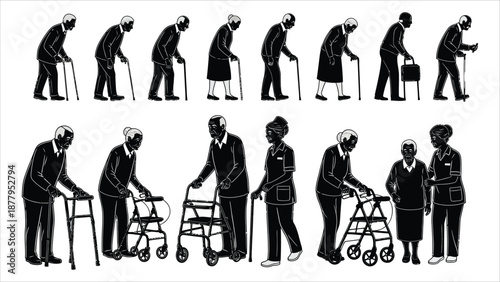 Elderly Seniors Silhouettes with Canes and Walkers – Aging, Mobility, and Healthcare Vector Illustration
