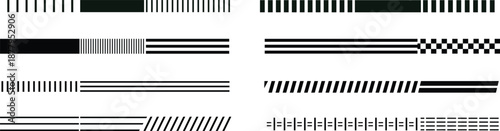A collection of various black and white graphic elements including stripes and patterns displayed in a grid format from a frontal viewpoint showcasing graphic designs