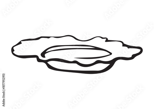 Vintage saucer in black line art, hand drawn illustration with wavy ornate rim, side view, isolated on white. Whimsical cottagecore tableware element for branding, packaging, tea design