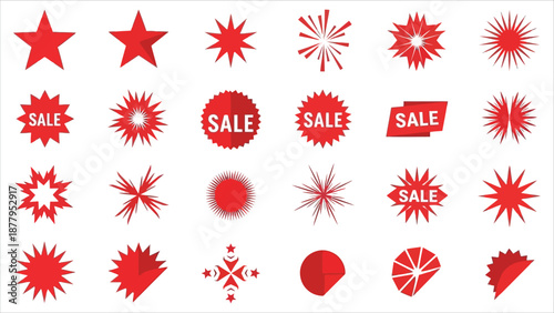 Red and Black Starburst Labels – Collection of Round, Oval, and Sunburst Stickers for Sales and Special Offers.eps