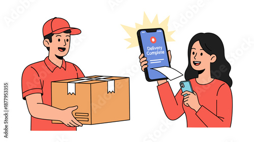 Happy customer receives package from smiling delivery person using mobile app
