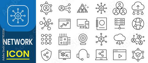 Networking icon set. Set of 24 outline icons related to network, internet, server, cloud computing, device, digital, wireless global connection, database, communication, server and more. 
