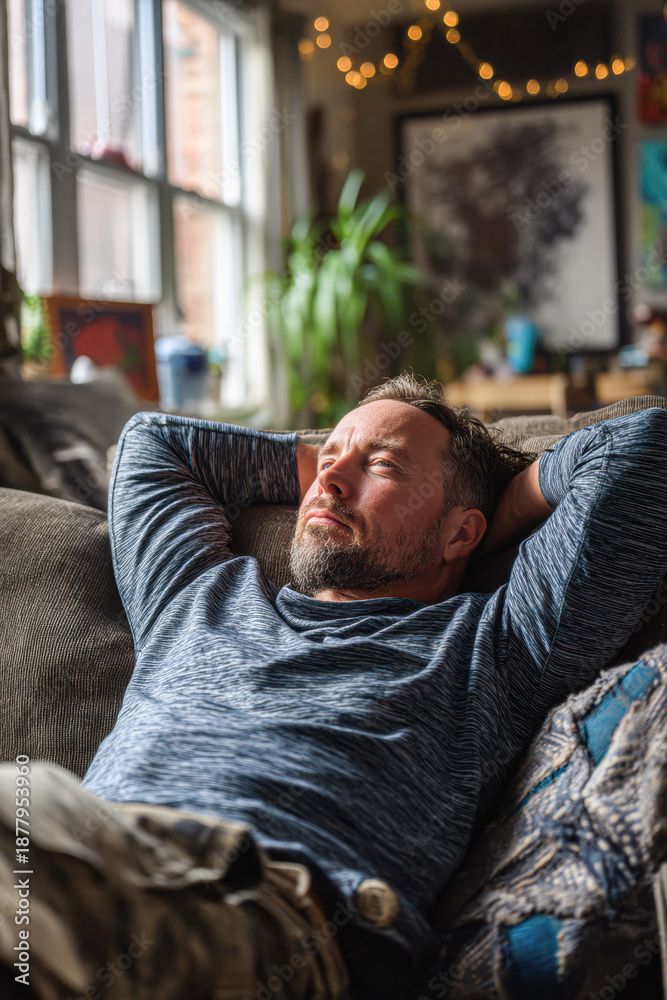 Obraz premium A man relaxes on a couch, hands behind his head, in a cozy room filled with plants and warm lighting.