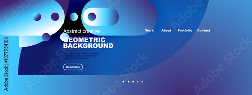 Abstract website header design. Blue gradients, geometric shapes, text elements present. Navigation menu visible, modern aesthetic.